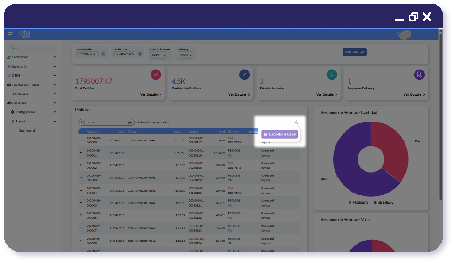 Dashboard deliveries exportar Excel ZelvaPOS